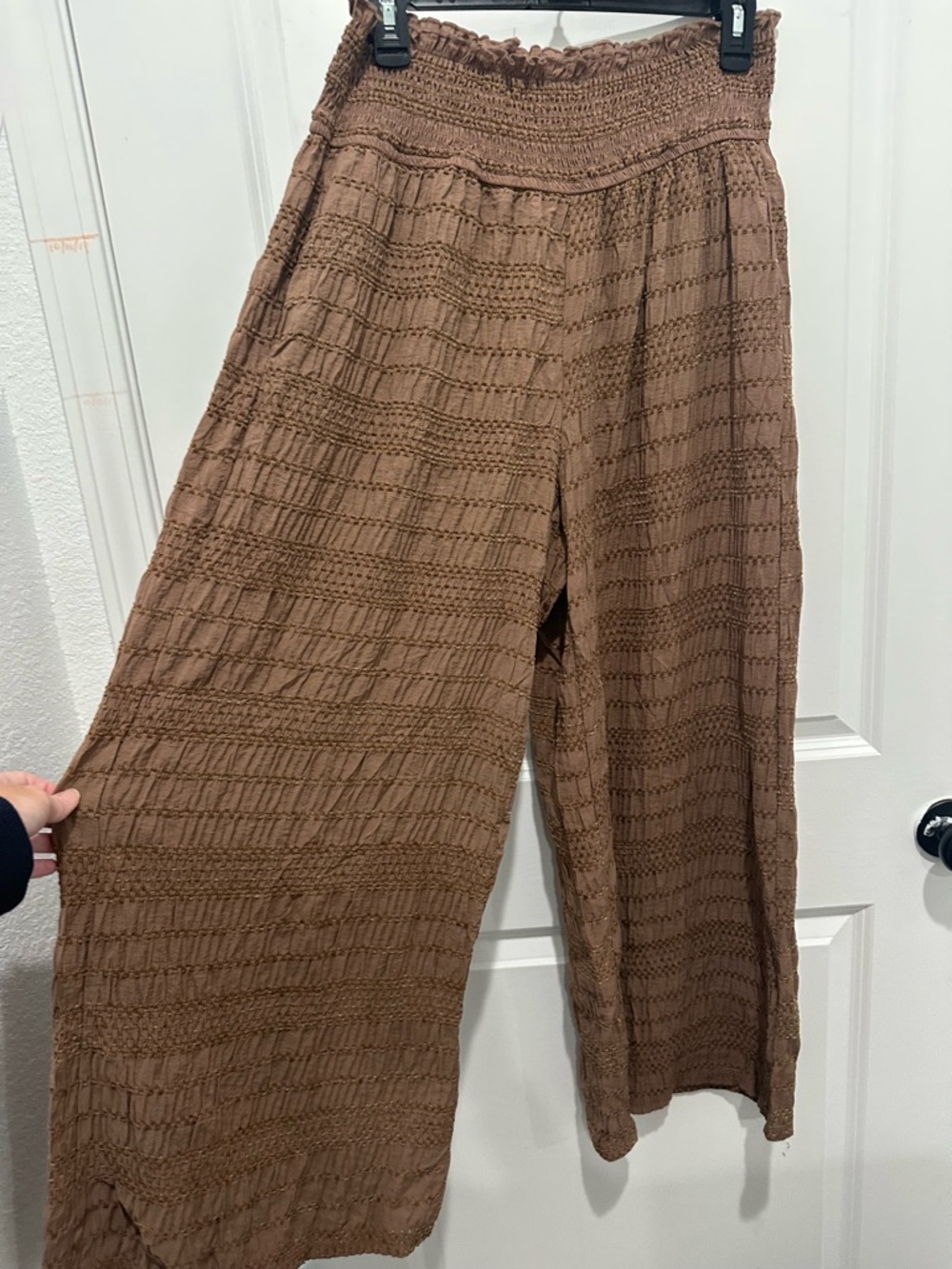 Ces Femme Brown Smocked-Waist Wide Leg Pants SZ M